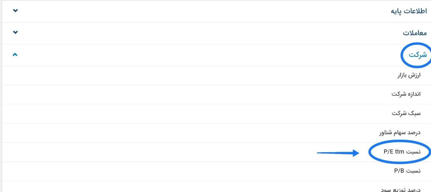 با انتخاب آیکون شرکت، گزینه نسبت P/E ttm نمایش داده می‌شود.